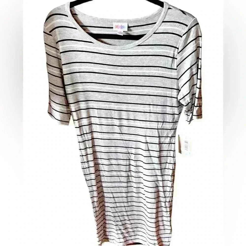 Lularoe Medium grey Julia t shirt dress with black & white pinstripe NWT.
